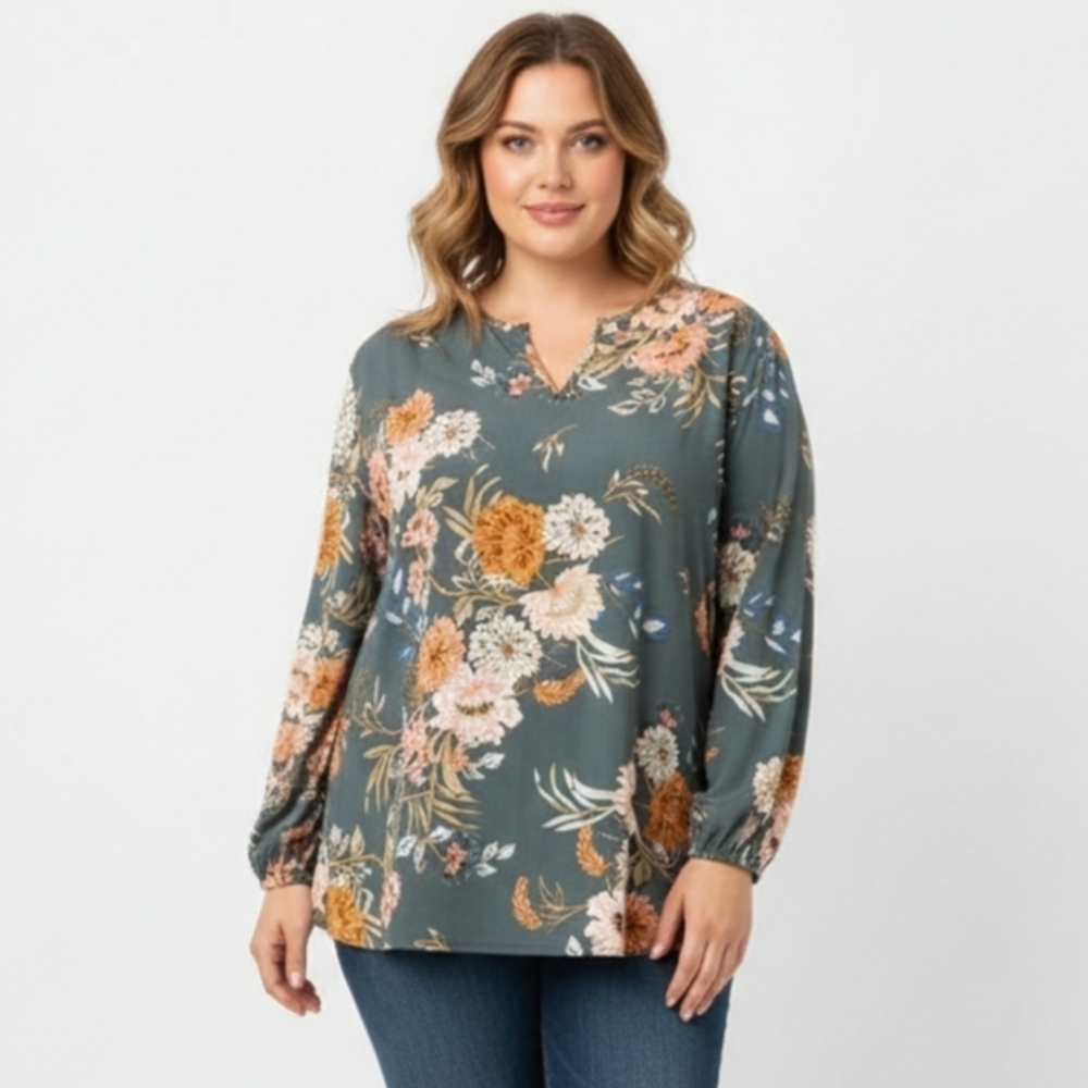 Stitch Fix Monday Fun Green Floral Tunic Top Size 2X NWT